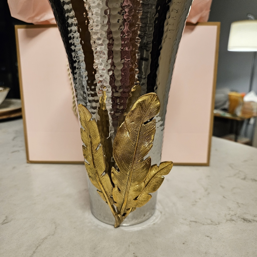 Michael Aram Silver Vase with Gold Feather Design